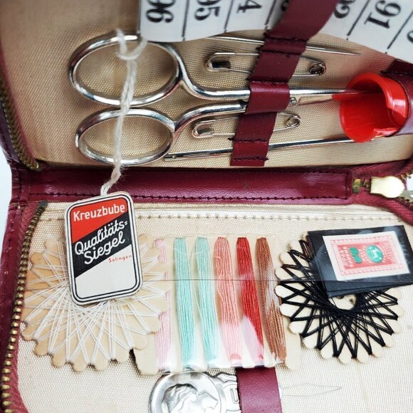 German Sewing Kit Vintage Kreuzbube Solingen w/ Thimble, Scissors, Etc. - Picture 2 of 11